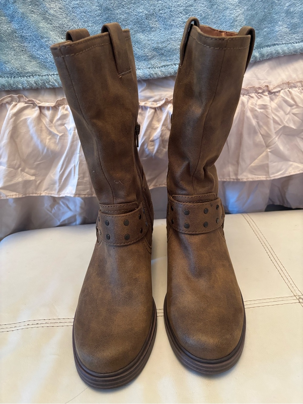 Zodiac Brown Mid-Calf Studded Strap Heeled Boots